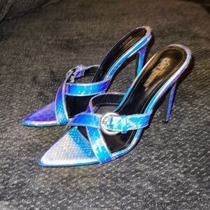 Iridescent mermaid snakeskin cross strap slip on high heels. Size 6.5
